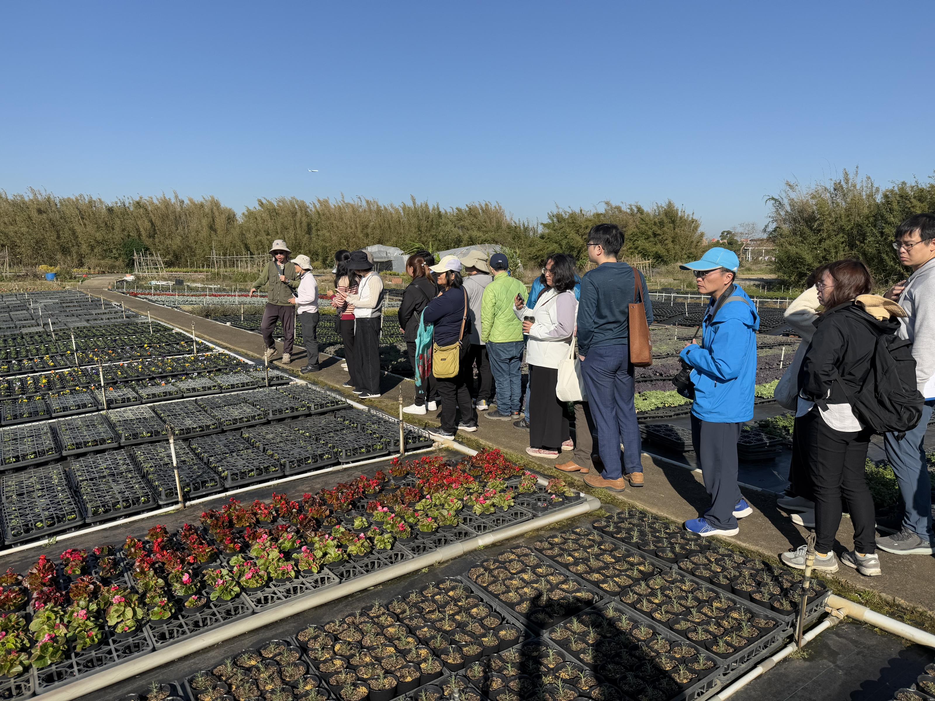 圖2.上青自動化花卉農場李文頡先生(左1)，介紹草花生產流程及商業模式。