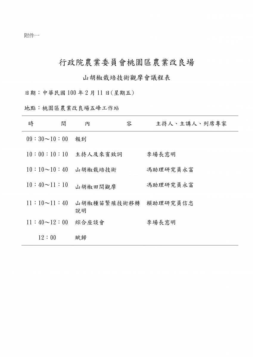 附件一－山胡椒栽培技術觀摩會議程表