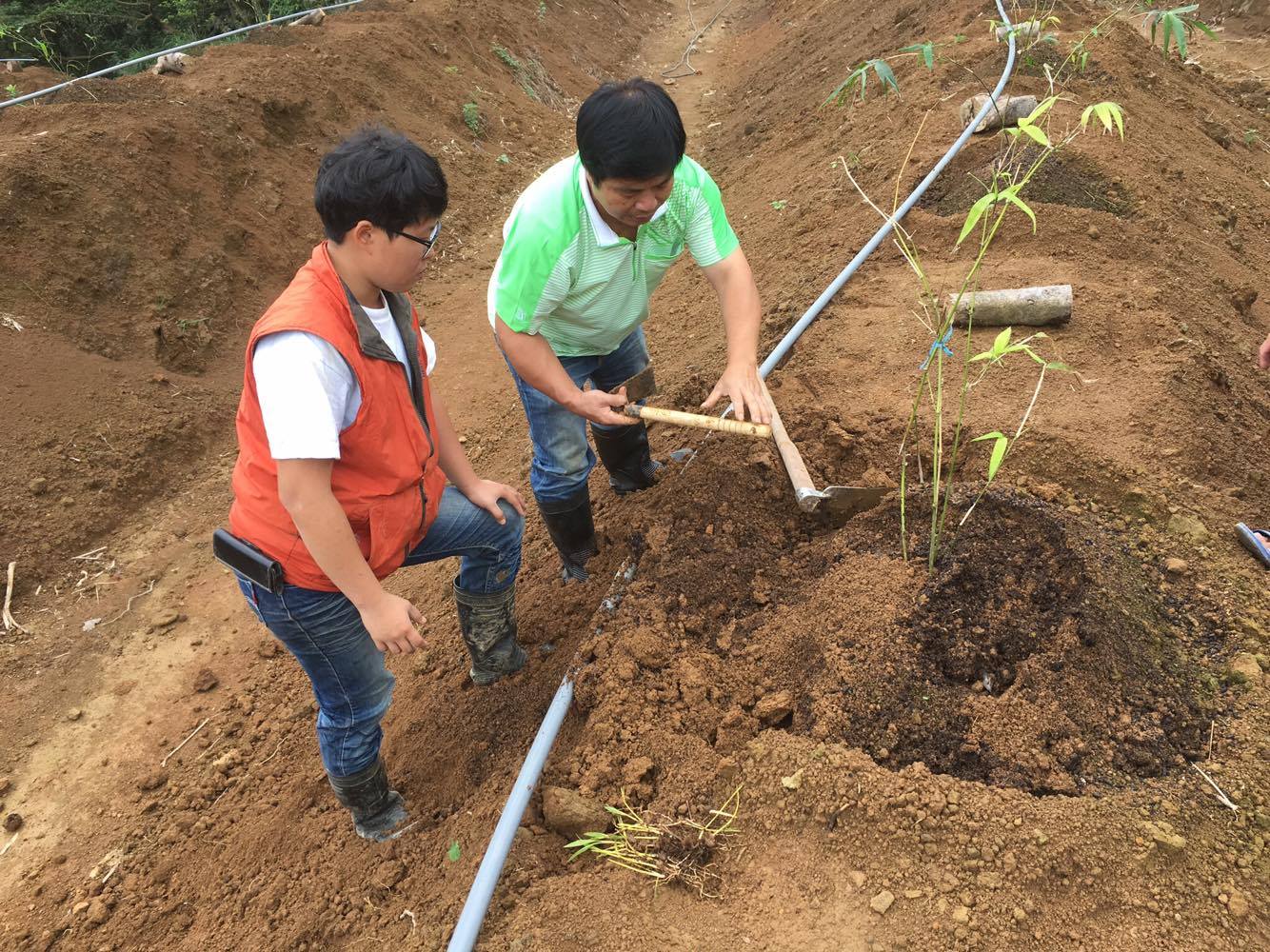 陪伴師張盛玄(右)細心指導琬婷綠竹種植的技術。 