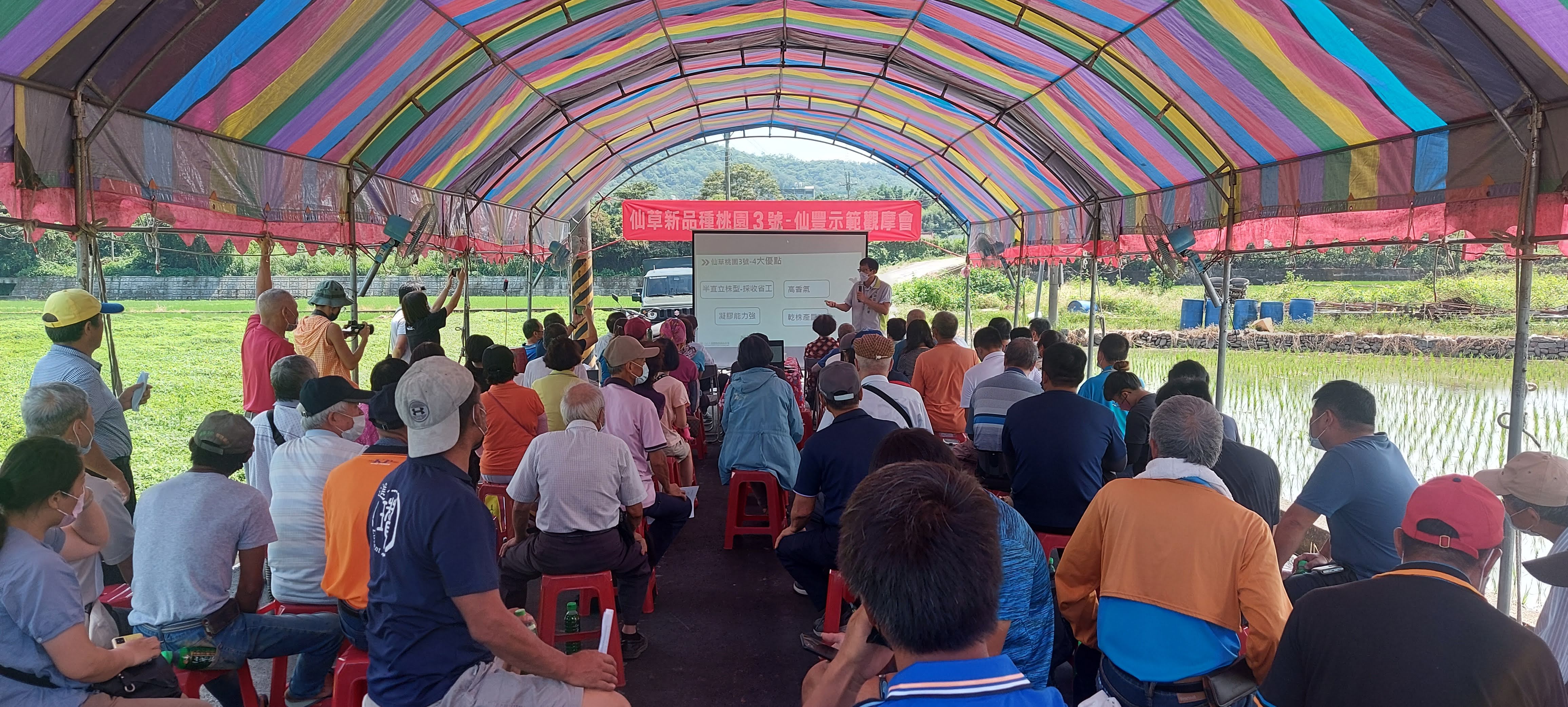 新埔工作站龔財立站長簡報說明仙草新品種桃園3號-仙豐四大優點。