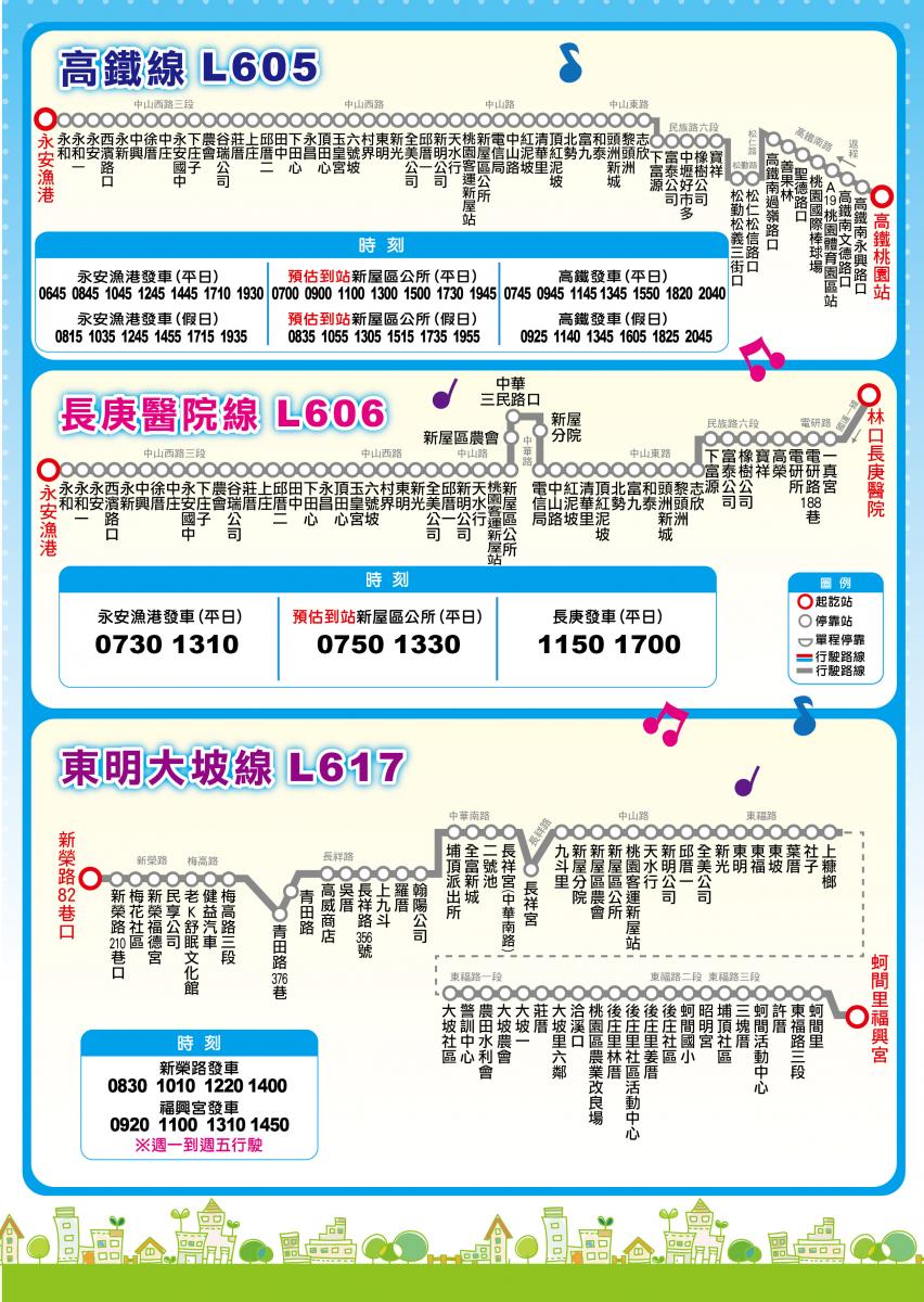 「高鐵線 L605、長庚醫院線 L606、東明大坡線 L617」公車路線圖