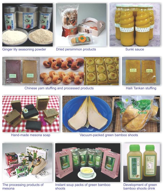 Ginger lily sesaoning powder, dired persimmon products,sunki sauce, chinese yam stuffing and processed products,haili tankan stuffing,hand-made mesona soap,vacuum-packed green bamboo shoots, the processing products of mesona, lnstant soup packs of green bamboo shoots and development of green bamboo shoots drink.