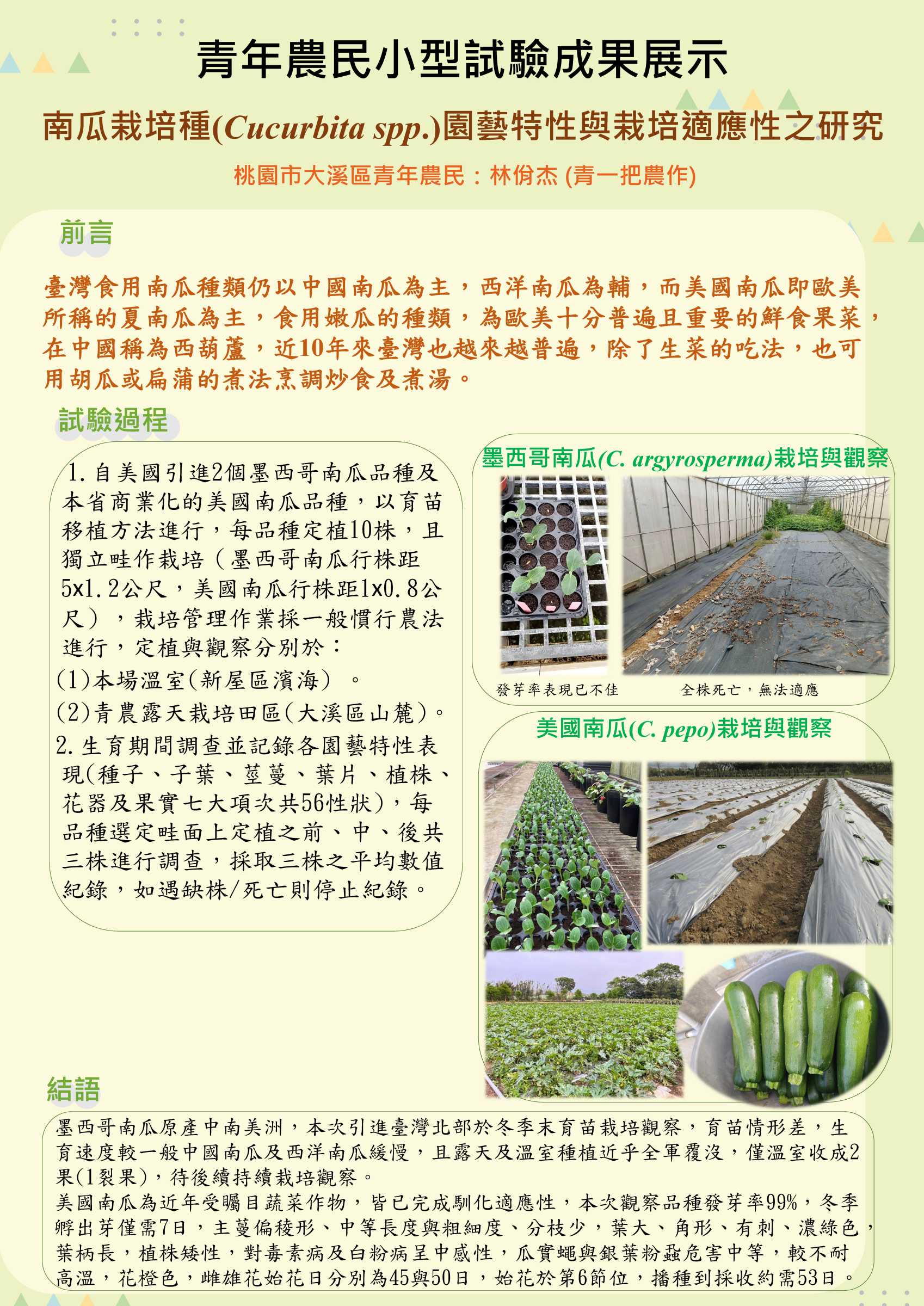 青年農民小型試驗成果展示-南瓜栽培種(Cucurbita spp.)園藝特性與栽培適應性之研究