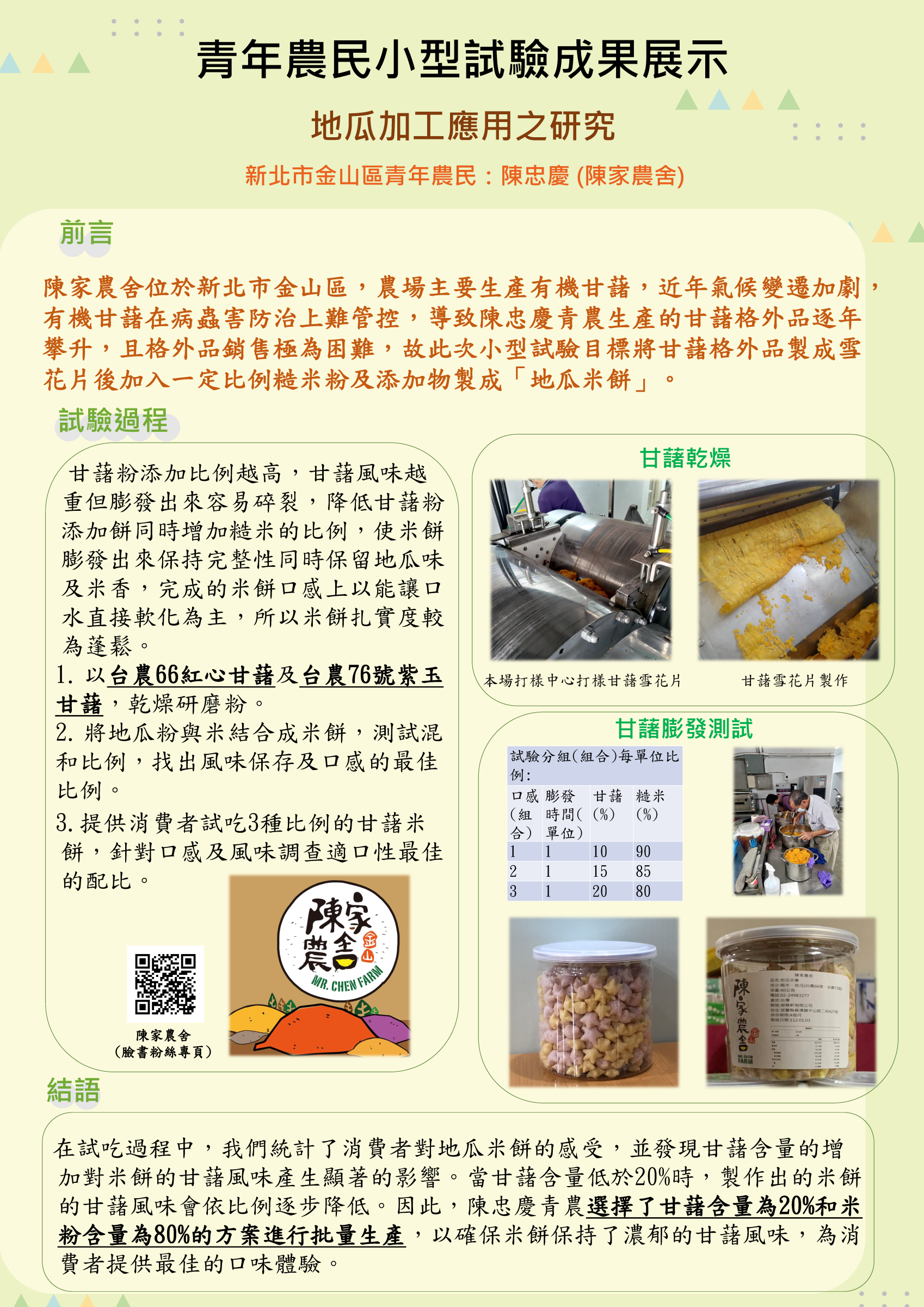 青年農民小型試驗成果展示-地瓜加工應用之研究